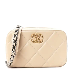 Chanel Quilted Lambskin Chanel Flap Card Holder Clutch With Chain Beige Mixed Metal Hardware