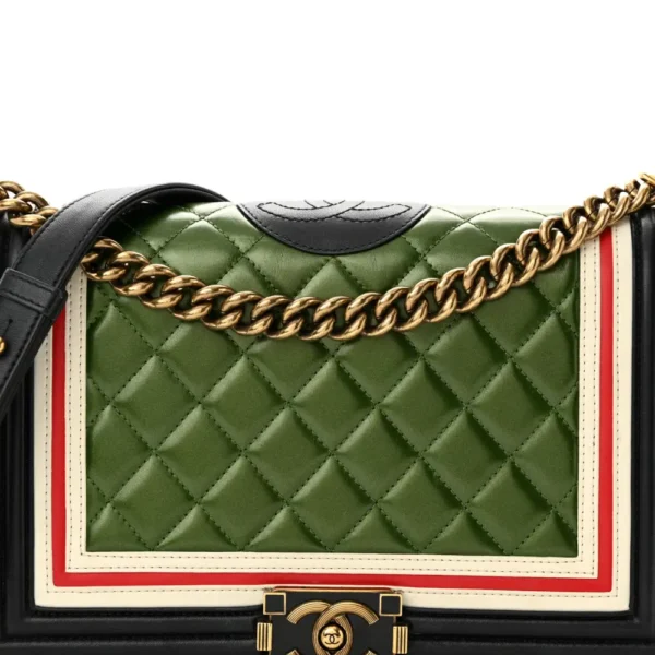 Chanel Quilted Lambskin Crest Embellished New Medium Boy Flap Black/White/Green Aged Gold Hardware Quality Replica