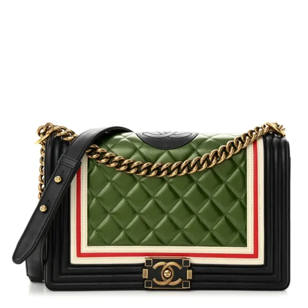 Chanel Quilted Lambskin Crest Embellished New Medium Boy Flap Black/White/Green Aged Gold Hardware Quality Replica