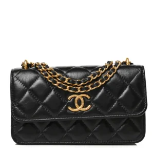 Chanel Quilted Lambskin Dynasty Flap Phone Holder With Chain Black Gold Hardware