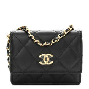 Chanel Quilted Lambskin Flap Card Holder With Cuff Black Gold Hardware