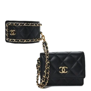 Chanel Quilted Lambskin Flap Card Holder With Cuff L Black Light Gold Hardware