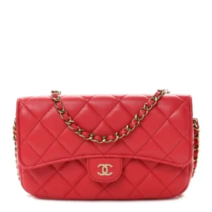 Chanel Quilted Lambskin Flap Phone Holder With Chain Red Gold Hardware