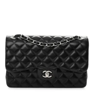 Chanel Quilted Lambskin Jumbo Double Flap Black Silver Hardware Replica Bags