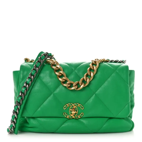 Chanel Quilted Lambskin Large Chanel 19 Flap Green Aged Gold Hardware Replica Quality