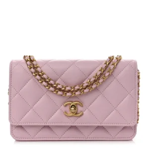 Chanel Quilted Lambskin Logo Wallet On Chain (WOC) Pink Gold Hardware