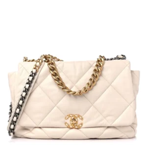 Chanel Quilted Lambskin Maxi Chanel 19 Flap Ivory Mixed Metal Hardware Quality Replica