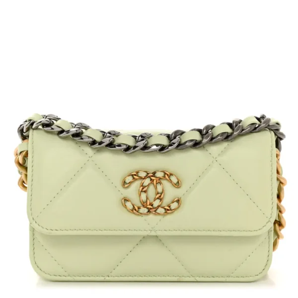 Chanel Quilted Lambskin Mini Chanel 19 Clutch With Chain Light Green Mixed Metal Hardware  Replica Bags