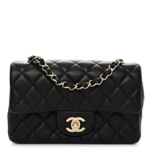 Chanel Quilted Lambskin Black Mini Rectangular Flap Light Gold Hardware Lushentic Grade Bags