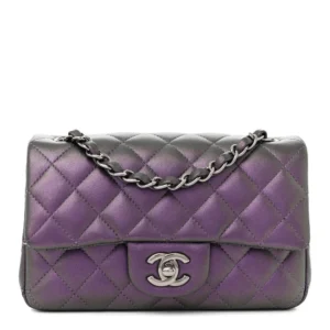 Chanel Quilted Lambskin Mini Rectangular Flap Dark Purple Polished Silver Hardware Replica Designer Bags