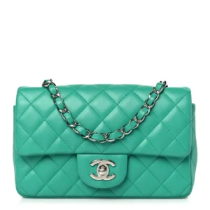 Chanel Quilted Lambskin Mini Rectangular Flap Green Silver Hardware Quality Rep