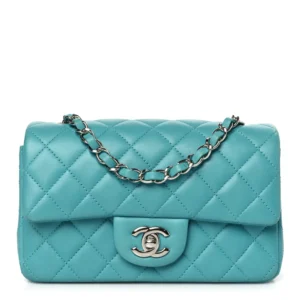 Chanel Quilted Lambskin Mini Rectangular Flap Turquoise Silver Hardware Best Lushentic Bags