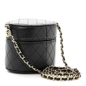 Chanel Quilted Lambskin Mini Round Vanity Case With Chain Black back1