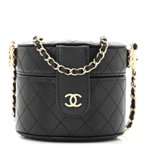 Chanel Quilted Lambskin Mini Round Vanity Case With Chain Black Gold Hardware Quality Rep