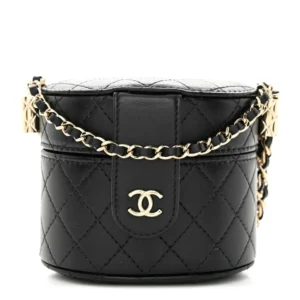 Chanel Quilted Lambskin Mini Round Vanity Case With Chain Black Light Gold Hardware Quality Replica