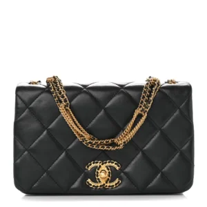 Chanel Quilted Lambskin Small On And On Chain Flap Black Gold Hardware Best Lushentic Bags