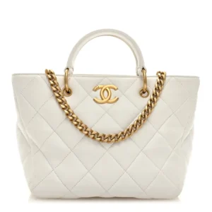 Chanel Quilted Lambskin Small Top Handle Shopping Bag White Gold Hardware Lushentic Bags