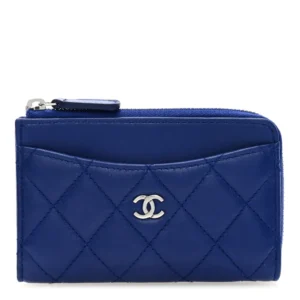 Chanel Quilted Denim Chanel Flap Card Holder Flap Coin Purse With Chain Blue Mixed Metal Hardware