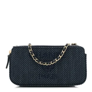 Chanel Quilted Lurex Straw Small Deauville Clutch With Chain Blue Gold Hardware