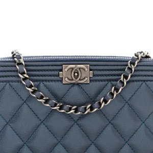 Chanel Quilted Metallic Caviar Small Boy Clutch With Chain Navy detail3