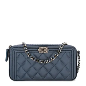 Chanel Quilted Metallic Caviar Small Boy Clutch With Chain Navy Ruthenium Hardware Lushentic Bags