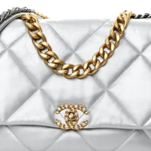 Chanel Quilted Metallic Goatskin Maxi Chanel 19 Flap Silver detail2