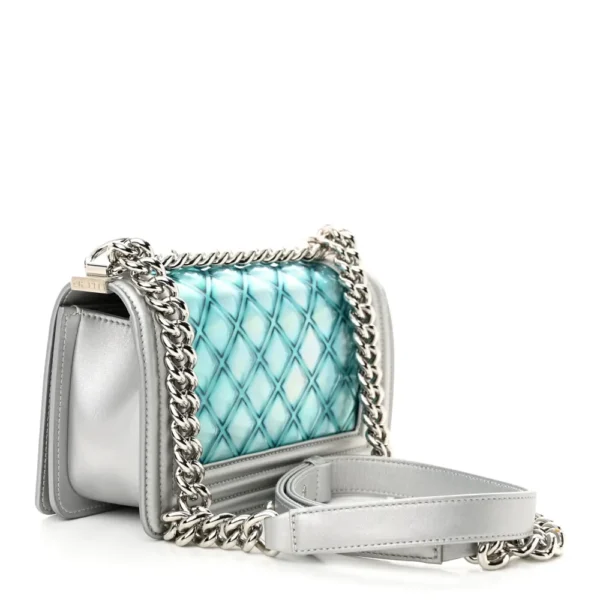 Chanel Quilted Metallic Lambskin & PVC Small Boy Flap Blue Silver Hardware Best Lushentic Bags