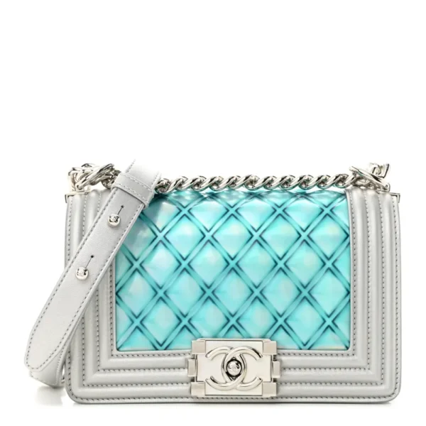 Chanel Quilted Metallic Lambskin & PVC Small Boy Flap Blue Silver Hardware Best Lushentic Bags