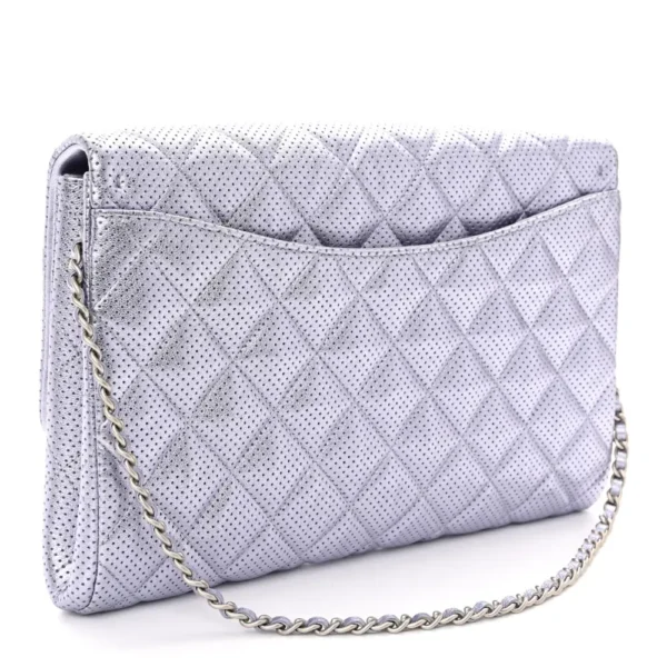 Chanel Quilted Metallic Perforated Lambskin Medium Clutch With Chain Flap Silver Silver Hardware Quality Replica