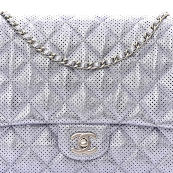 Chanel Quilted Metallic Perforated Lambskin Medium Clutch With Chain Flap Silver Silver Hardware Quality Replica