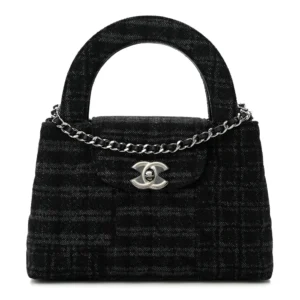 Chanel Quilted Printed Denim Micro Kelly Shopper Black and Grey Silver Hardware Lushentic Grade Bags