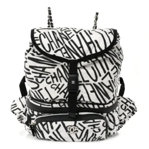 Chanel Quilted Printed Nylon Medium Coco Neige Convertible Backpack Black and White Silver Hardware