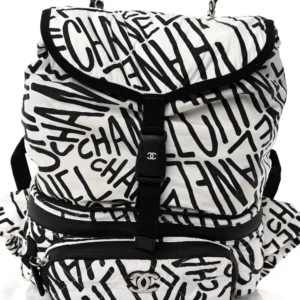 Chanel Quilted Printed Nylon Medium Coco Neige Convertible Backpack Black and White front2