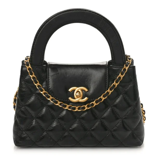 Chanel Quilted Shiny Aged Calfskin Micro Kelly Shopper Black Aged Gold Hardware Lushentic Replica