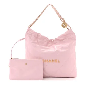 Chanel Quilted Shiny Calfskin Small Chanel 22 Drawstring Bag Light Pink Gold Hardware Lushentic Grade Bags