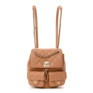 Chanel Quilted Shiny Caviar Medium Duma Pockets Drawstring Backpack Dark Beige Light Gold Hardware  Best Lushentic Bags