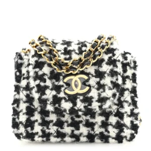 Chanel Quilted Tweed Houndstooth Mini Flap White Black Gold Hardware Lushentic Replica