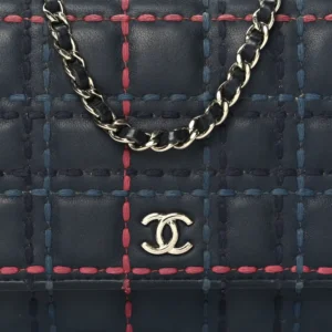 Chanel Square Stitched Calfskin Wallet On Chain (WOC) Blue detail2