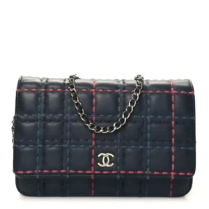 Chanel Square Stitched Calfskin Wallet On Chain (WOC) Blue Silver Hardware