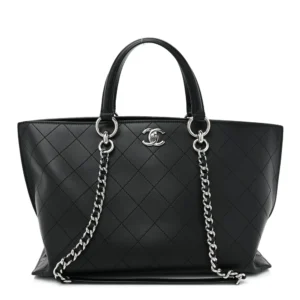 Chanel Stitched Calfskin Medium Shopping Tote Black Silver Hardware Lushentic Bags