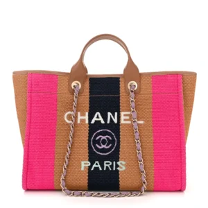 Chanel Straw Raffia Calfskin Striped Medium Deauville Tote Dark Beige/Fuchsia/Navy Blue Gold Hardware Quality Rep