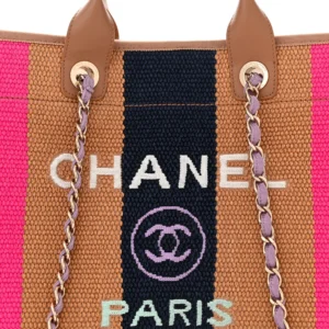 Chanel Straw Raffia Calfskin Striped Medium Deauville Tote Dark Beige Fuchsia Navy Blue front2