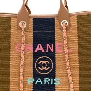 Chanel Straw Raffia & Calfskin Striped Medium Deauville Tote Khaki Beige Navy Blue detail2