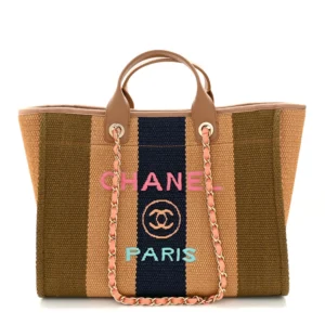 Chanel Straw Raffia & Calfskin Striped Medium Deauville Tote Khaki/Beige/Navy Blue Gold Hardware Lushentic Grade Bags