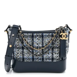 Chanel Tweed & Calfskin Small Gabrielle Hobo Blue Mixed Metal Hardware Lushentic Bags