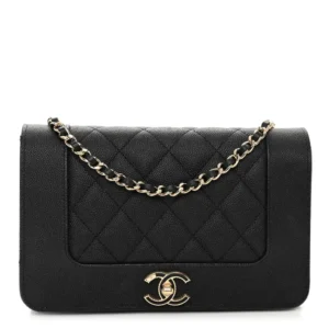 Chanel Vintage Quilted Caviar Mademoiselle Wallet On Chain (WOC) Black Light Gold Hardware